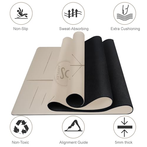 Natural Rubber Yoga Mat - Non Slip Non Toxic - 5mm Thick Yoga Mat for Hot Yoga/Pilates - Extra Large 26.8’’ with Alignment Guide - Sweat Proof - with Carrying Bag - color: Latte Grey