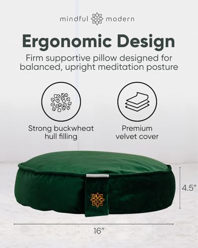 Mindful Modern Velvet Meditation Cushion | Luxe Zafu Yoga Floor Pillow Seat | Posture Support | Buckwheat Hull Filled | Large Round Cushion with Removable Washable Cover + Carry Handle - color: Emerald
