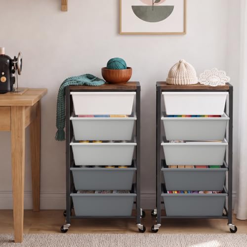 Rolling Cart with 5 Drawers, Plastic Drawer Storage Carts with Wheels & Wooden Tabletop, Metal Utility Cart for Office Bedroom Living Room Classroom, Craft Organization and Storage, Grey - color: Gray