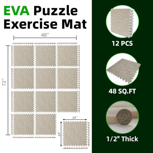 Art3d 12 Pack 24" x 24" EVA Interlocking Exercise Mats, 1/2" Thick Foam Puzzle Flooring for Workout, Gym Equipments, Training Areas, 48 Sq.FT, Grey Oak - color: Grey Oak, size: 48 Sq Ft
