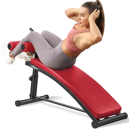 BODY RHYTHM Sit Up Bench with 4 Adjustable Heights and Reverse Crunch Handle, Curved Ab Workout Bench for Home Gym, Adjustable Weight Bench for Core Workouts and Decline Bench Press, Suitable for Individuals Up to 5.9ft Tall. - color: Red