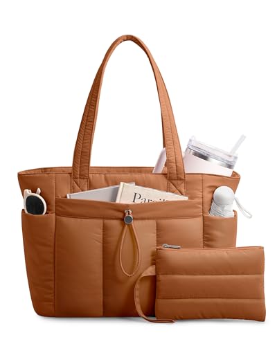 TOPDesign Puffy Tote Bag for Women with Cup Holder & Laptop Compartment & Cosmetic Bag & Trolley Sleeve for Work, Travel - color: Brown, size: Medium