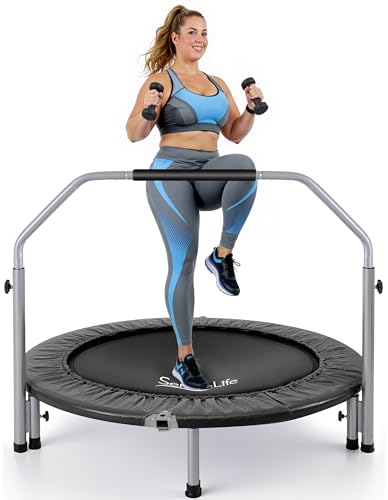SereneLife 40" Foldable Mini Trampoline for Adults - Compact Fitness Rebounder with Adjustable Foam Handle, Exercise Trampoline with Max Load 330lbs, Indoor/Garden Whole-Body Workout - color: Deep Black