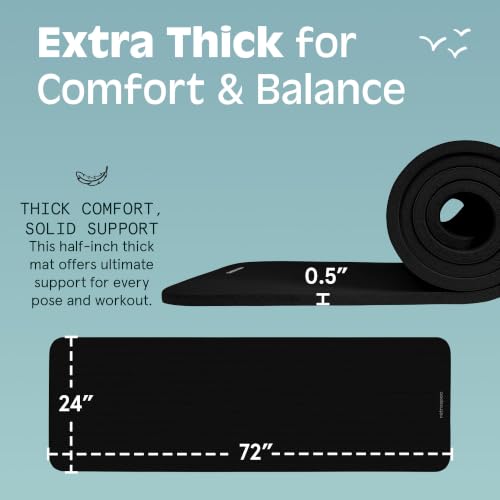 Retrospec Solana Yoga Mat Thick 1/2in Non-Slip Workout Mat with Nylon Strap - 72x24in Exercise Mat for Pilates, Stretching & Fitness - BPA Free, Easy Clean - color: Black