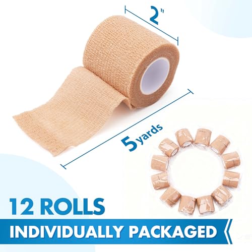 LotFancy Self Adhesive Bandage Wrap, 12 Pack, 2" x 5 Yards Non Woven Medical Tape, First Aid Tape for Athletic Wrist Ankle Sprains Swelling, Tan Color - size: 2 x 180 Inch (Pack of 12)
