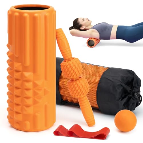 5 in 1 Foam Roller Set, High Density Patented Exercise Roller - color: Orange