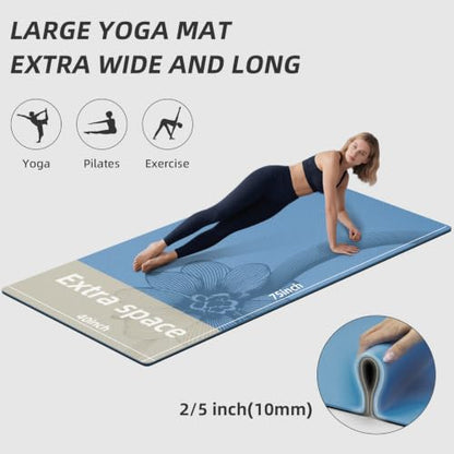 Large Exercise Mat | 10mm Thick TPE Non-slip Gym Mats, Carrying Strap - color: blue/black