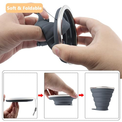 Litoexpe 4 Pack Silica gel Collapsible Travel Cup 270ml | Dark Gray & Pink & Navy Blue, with Lids, Portable Folding Camping Cup, for Camping and Travel - color: Dark Gray & Pink & Navy Blue &Teal
