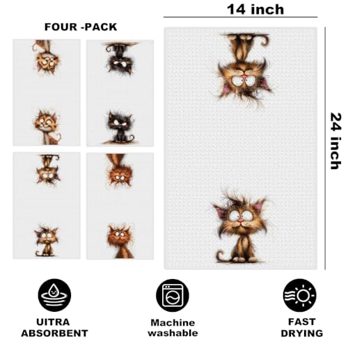 4 Pcs Funny Cat Kitchen Towels, Cute Cats Gifts Reusable Hand Towels-05 | Cat Dish Cloths for Drying Dishes, Cats Waffle Dish Towels for Kitchen Bathroom Decor, Cat Lover Gifts for Women Mom Grandma - color: Multi 1622