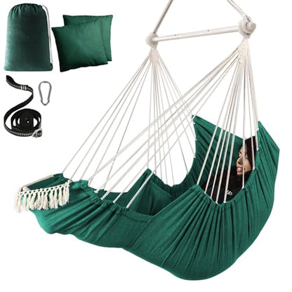 Chihee Hammock Chair Foot Rest 2 Cushions Max 485 lbs Metal Spreader Bar | Robust Hanging Chair Soft Cotton Blended Swing Collapsible Easy Storage Strong Strap Iron Carabiner Pocket Indoor Outdoor - color: Dark Green