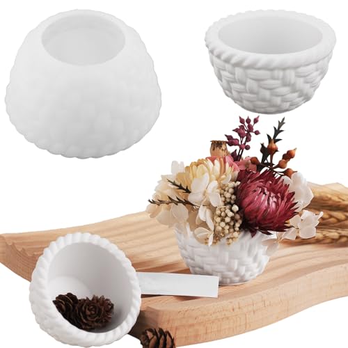 Woven Flower Basket Resin Casting Mold Candle Holder Silicone Mold | 3D Flower Pot Epoxy Resin Mold for Candle Making, Plaster, Cement Concrete, DIY Crafts, Jewelry, Succulent Pot, Home Decor - color: Woven Resin Molds