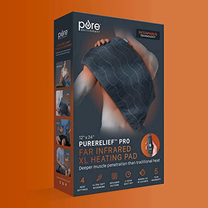 Pure Enrichment PureRelief Pro Far Infrared XL Heating Pad - Muscle Relief for Back, Neck, Shoulder, & Knee Pain in Athletes, 4 Heat Settings, Dry/Moist Heat, 12” x 24” Extra-Long Size (Iron Gray) - size: 12” x 24”