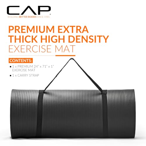 CAP Barbell 1-Inch High Density Exercise Yoga Mat with Strap | Multiple Colors - color: Black