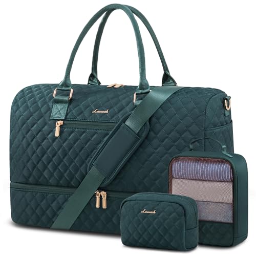 LOVEVOOK Travel Duffle Bag for Women, Weekender Overnight Bag with Shoe Compartment, Carry on Bag with Toiletry Bag, Gym Duffel Bag with Wet Pocket, Hospital Bags for Labor and Delivery 3 Pcs Set - color: Dark Green, size: Large