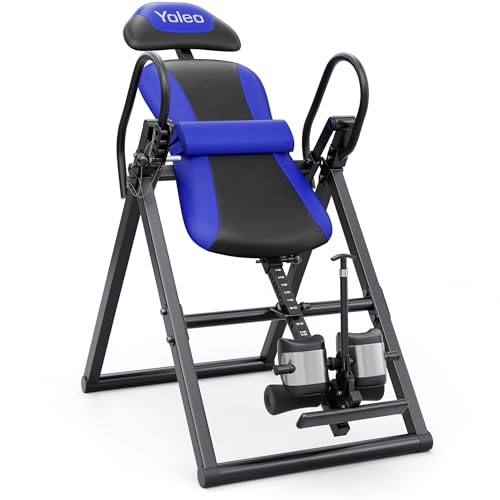 YOLEO Inversion Table for Back Pain w/Removable Lumbar Pad ITX320 | w/ Reversible Ankle Holders, Foldable, Easy Assembly - color: Blue - Black Tube