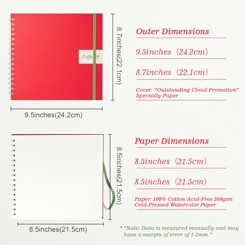 CuppaClip Watercolor Paper 9"x8.5" 300GSM 140LB Spiral Bound Cotton Water Color Pad Cold Press Inner Pocket Art Supplies (Red) - color: Red