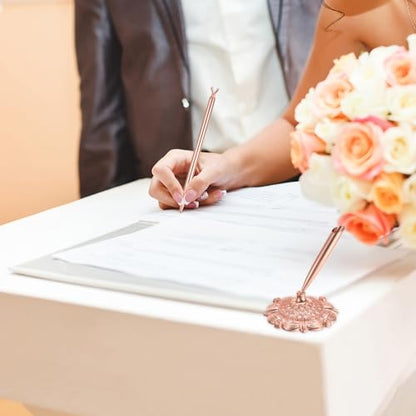 PATIKIL Hollow Round Pen Holder Signing Pen Set, Wedding Pen with Crystal Diamond and Pen Holder for Wedding Guests Book Engagement Opening Ceremony, Rose Gold - color: Rose Gold