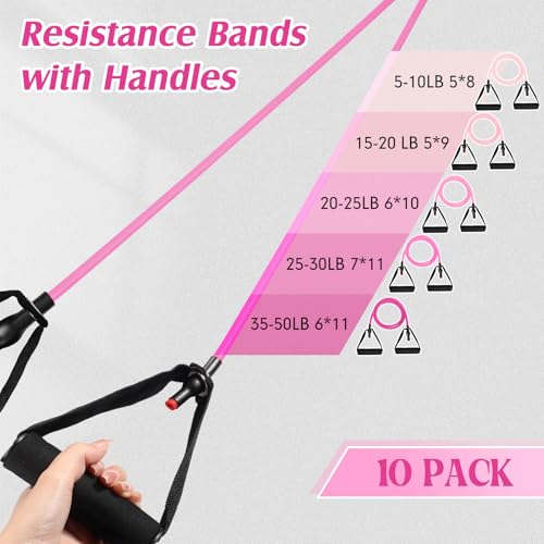 Shappy 10 Pcs Resistance Bands with Handles | Exercise Stretch Bands for Exercise, Woman Man Training Physical Therapy Workouts Fitness - color: Pink