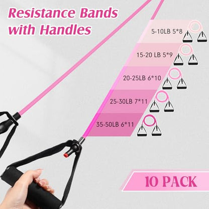 Shappy 10 Pcs Resistance Bands with Handles | Exercise Stretch Bands for Exercise, Woman Man Training Physical Therapy Workouts Fitness - color: Pink