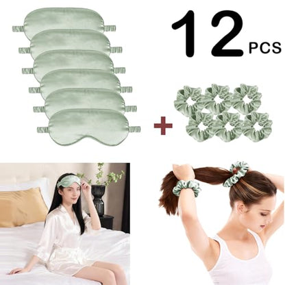 12Pcs Silk Sleep Masks Satin Eye Mask Silky Eyes Cover Blindfold Eyeshade Hair Ties Scrunchy Travel Bridesmaids Gifts - color: Dusty Blue