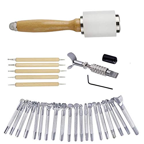 DUJISO 20 PCS Leather Stamping Tool Leather Carving Working Saddle Making Tools DIY Leather Craft Stamps Set DIY Hammer
