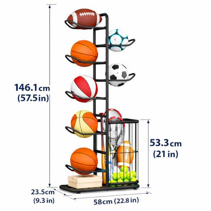 7-Ball Sports Equipment Storage Rack with Ball Holder and Basketball Rack, Athletic Gear Organizer ball Stand - Organize Toys, Sports Gear and More, 57.5" (Black) - size: 7-Balls with Basket
