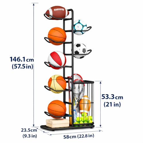 7-Ball Sports Equipment Storage Rack with Ball Holder and Basketball Rack, Athletic Gear Organizer ball Stand - Organize Toys, Sports Gear and More, 57.5" (Black) - size: 7-Balls with Basket