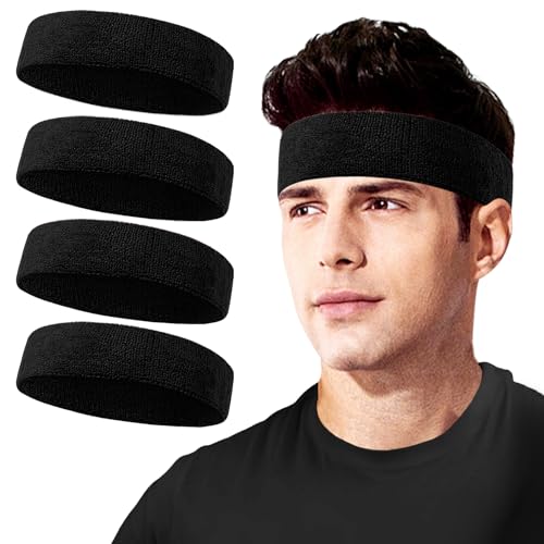 Sweatbands Sport Headbands for Men & Women, Sweat Head Bands Moisture Wicking Sport Headband Cotton Sweatbands for Basketball, Athletic Exercise, Running - color: Black 4 pcs