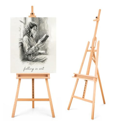 Large A-Frame Solid Beechwood Studio Easel for Painting | Adjustable Artist Easel with Storage Drawer, Display Easel Stand Holds Canvas Up to 48 Inches, Natural - style: Natural