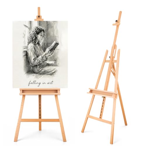 Large A-Frame Solid Beechwood Studio Easel for Painting | Adjustable Artist Easel with Storage Drawer, Display Easel Stand Holds Canvas Up to 48 Inches, Natural - style: Natural