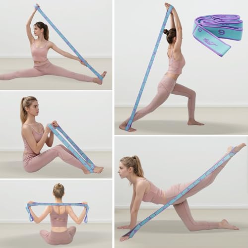 9 Loops Elastic Yoga Stretching Strap Pattern Guide, Resistance Stretch Band for Flexibility, Pilates, Dance, Gymnastics, Ballet, Physical Therapy, Leg & Body Stretching - color: Blue