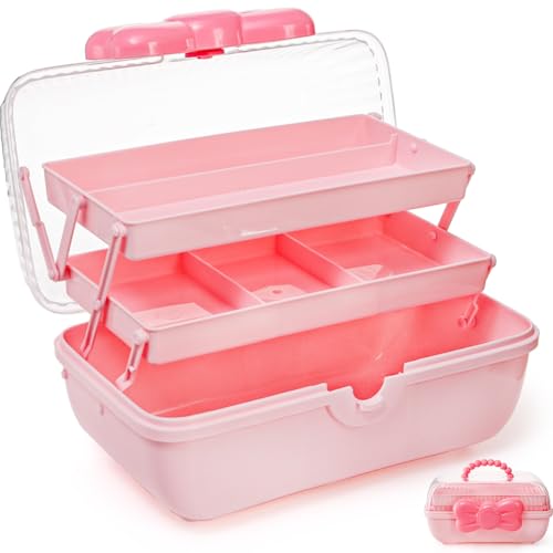 Noamus 11" Three-Layer Multipurpose Storage Box, Clear Plastic Art Craft Organizer, Portable First Aids Case with Handle Trays for Kids, Sewing Makeup Nail Hair Accessories, Home School Office(Pink) - color: Pink