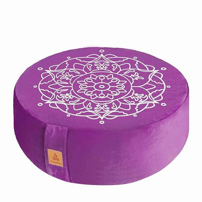 Embroidered Meditation Pillow D=16" H=5.5" Round Velvet Meditation Cushion Yoga Bolster Floor Pouf Zafu Natural Buckwheat hulls Sitting on Floor Removable Organic Cotton Cover Large Kneeling Pillow - color: Purple