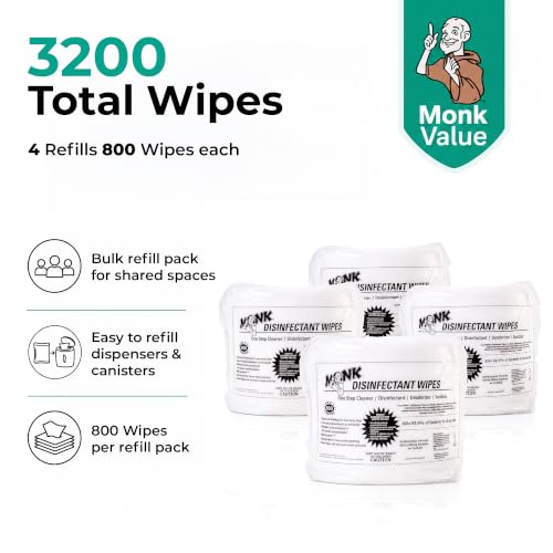 Monk Disinfecting Wipes (4 Refills of 800 Count) for Commercial Facilities - size: 800 Count (Pack of 4)