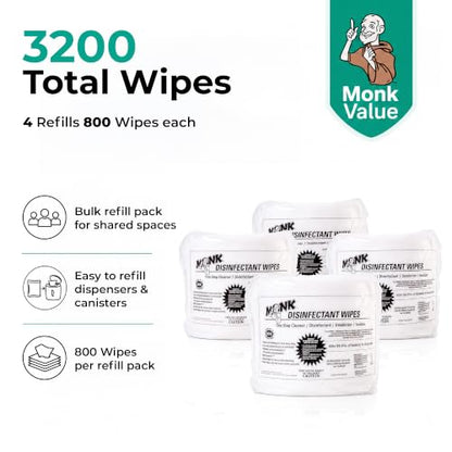 Monk Disinfecting Wipes (4 Refills of 800 Count) for Commercial Facilities - size: 800 Count (Pack of 4)