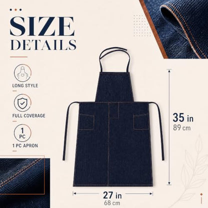 Denim Clay Pottery Apron, Long Blue Denim Cotton Split Leg Apron, 35" x 27" One Size Fits Most with Slanted Side Pockets for Potters for Chefs, Gardeners, and Artists
