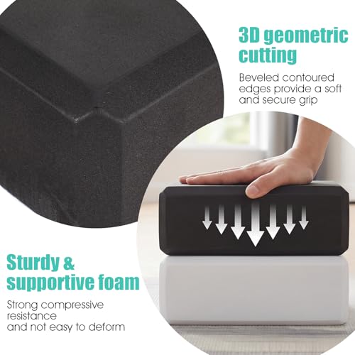 4 Pack Yoga Blocks, High Density EVA Foam Blocks for Strength, Flexibility and Balance, Non-Slip Surface for Yoga, Pilates, Meditation (8.9x6.7x3 Inches, 2 Black + 2 Gray)