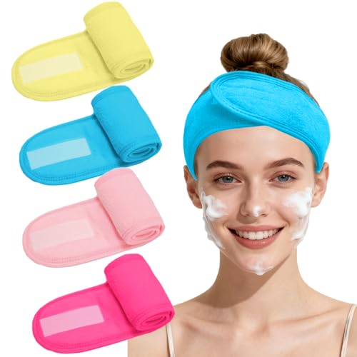 4 Pack Adjustable Makeup Headbands – Non-Slip Spa Facial Headband & Facial Hair Wrap, Adjustable Washable Towel for Shower, Yoga, Gym, Salon & Home Use (Fits All), HZFD-BD - color: Yellow + Magenta + Blue + Light Pink