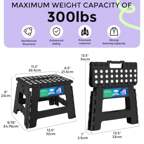 Dyforce Kids Step Stool 9 Inch, 300lbs Folding Step Stool for Toddler | Step stool for kids Black,Anti-slip Heavy Duty with Handle, Lightweight Foldable Stool for Bathroom Kitchen Bedroom Outdoor - color: Black, size: 9inch