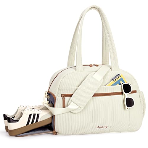 Women's Duffle Gym Bag, Carry-On Shoe Compartment for Weekender Overnight - color: shallow cream-colored, size: Medium