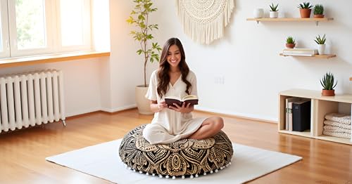 32" Black Gold Mandala Barmeri Large Floor Pillow Cover Cushion Meditation Seating Ottoman Throw Cover Hippie Decorative Zipped Bohemian Pouf Ottoman Poufs, Pom Pom Pillow Cases - size: 32" x 32" (Pack of 1), style: Bohemian