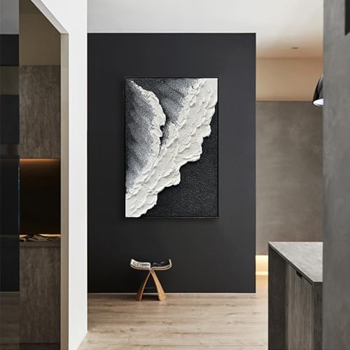 NANKAI Hand-Painted Thick Texture Black and White Abstract Canvas Art Ocean Wave Beach Landscape Oil Painting Home Wall Art Deco Oil Painting 24X36 Inches (with Solid Wood Exterior Frame) - color: Nkhb282