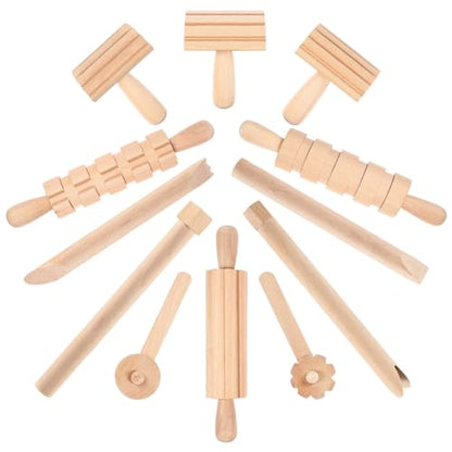 NUOBESTY Wooden Clay Tools Kids Wood Stamps Hand Rollers Plasticine Tools Pottery Molding Clay Accessories for Art DIY Crafts Activities 12pcs