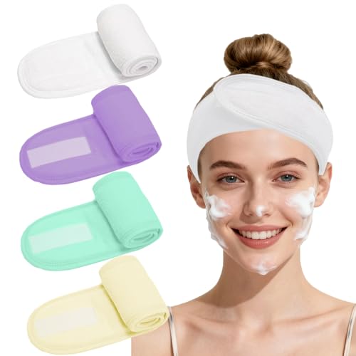 4 Pack Adjustable Makeup Headbands – Non-Slip Spa Facial Headband & Facial Hair Wrap, Adjustable Washable Towel for Shower, Yoga, Gym, Salon & Home Use (Fits All), HZFD-CA - color: Green + Light Purple + Beige + White