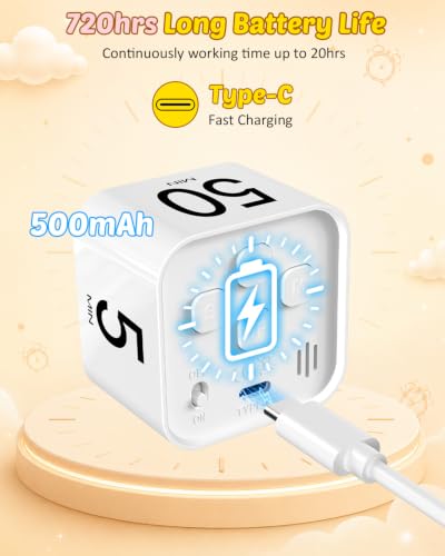 디지털 포모도로 타이머 큐브 5/10/25/50분 프리셋, 무소음 및 사운드 알람 - color: 화이트.