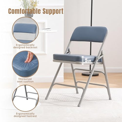 Padded Folding Chair Indoor Metal Frame Foldable Chair Blue | Comfortable Thick Vinyl Cushion Seat Durable Elegant Upholstered Single Chair for Small Space Home, Office and Events - color: Blue