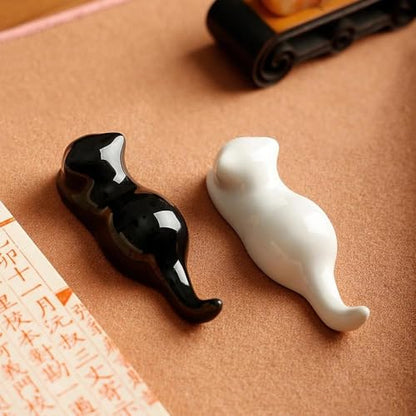 Ceramic Paint Brush Holder - 3-Piece Cat Shape Set | Multifunctional Rest Stand for Artist Brushes, Calligraphy Pens, Chopsticks & Kitchen Utensils | Black, White, Green