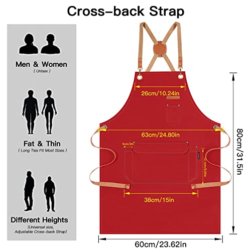 Genixart Chef Apron Men Women, Kitchen Aprons Cooking, BBQ - Red, 6 Pack | Box Packed, Cotton Canvas, Cafe, Bar, Workshop, Restaurant, Water & Oil Stain Resistant, Cross Back Adjustable, Large Pockets - color: Red, 6 Pack