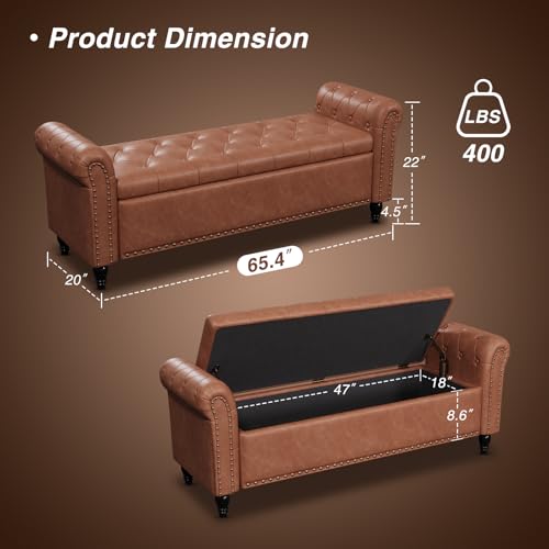 FiveWillowise 65" Bedroom Bench, End of Bed Bench with Storage, Brown | Bed Benches for Foot of Bed, Faux Leather Window Bench with Tufted Button, Upholstered Storage Bench with Rolled Arms - color: Brown, size: 65-inch