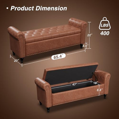 FiveWillowise 65" Bedroom Bench, End of Bed Bench with Storage, Brown - color: Brown, size: 65-inch